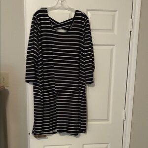 bobeau Black and White Striped Midi Dress with Crisscross Back